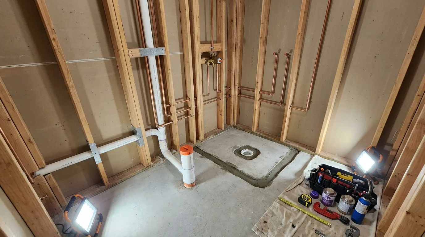 Bathroom rough-in plumbing during remodel by Johns Plumbing LLC in Strawberry