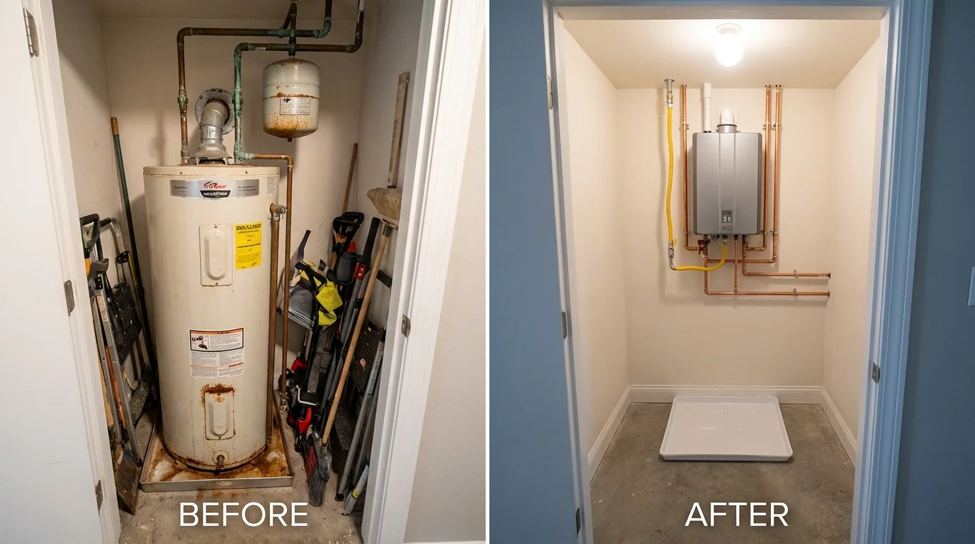 Tank water heater versus wall-mounted tankless unit comparison for Strawberry, CA homeowners