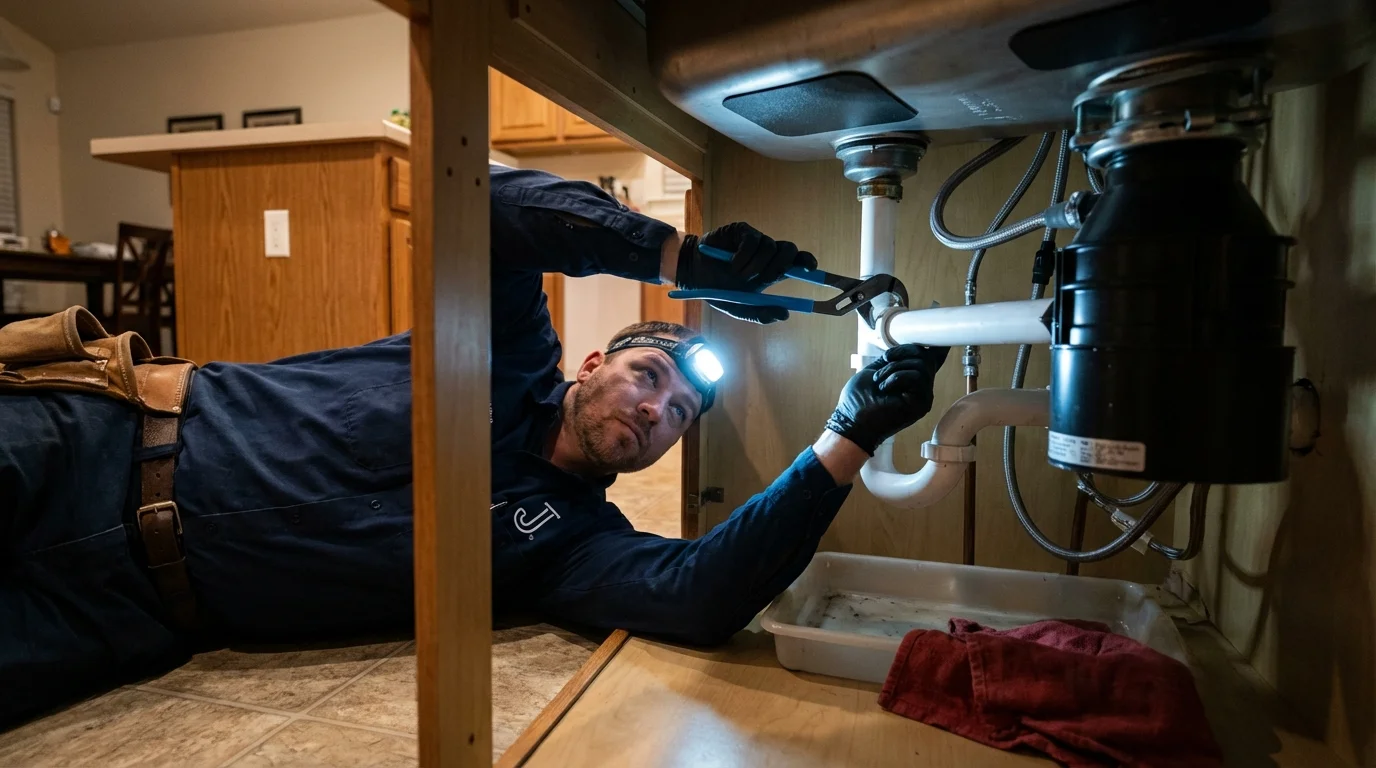 P-trap and supply line connections under a kitchen sink showing a common leak point in Strawberry, CA